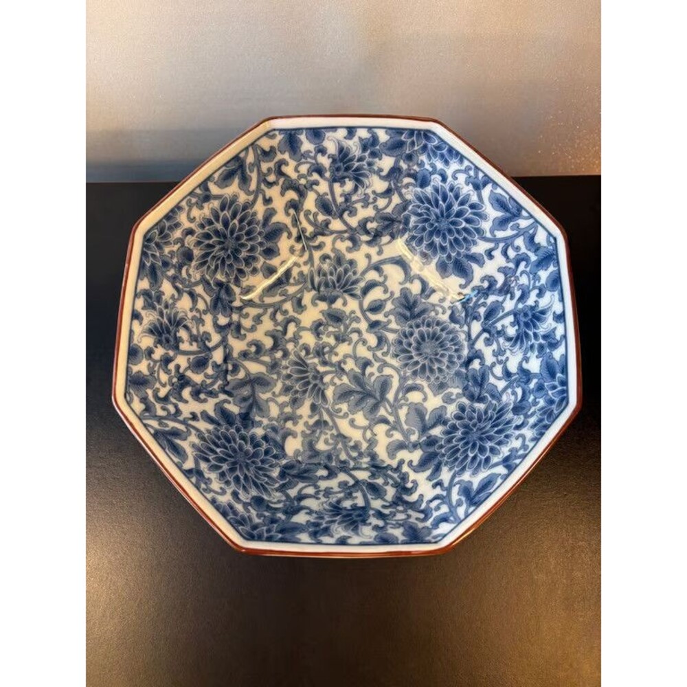 Blue White Octagonal Porcelain Bowl Floral Pattern
